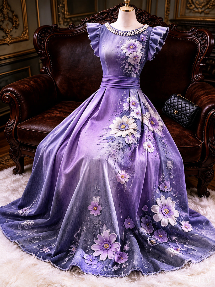 Retro Floral Art Printed Elegant V-Neck Vintage Ruffled Hemmed Sleeves Maxi Dress